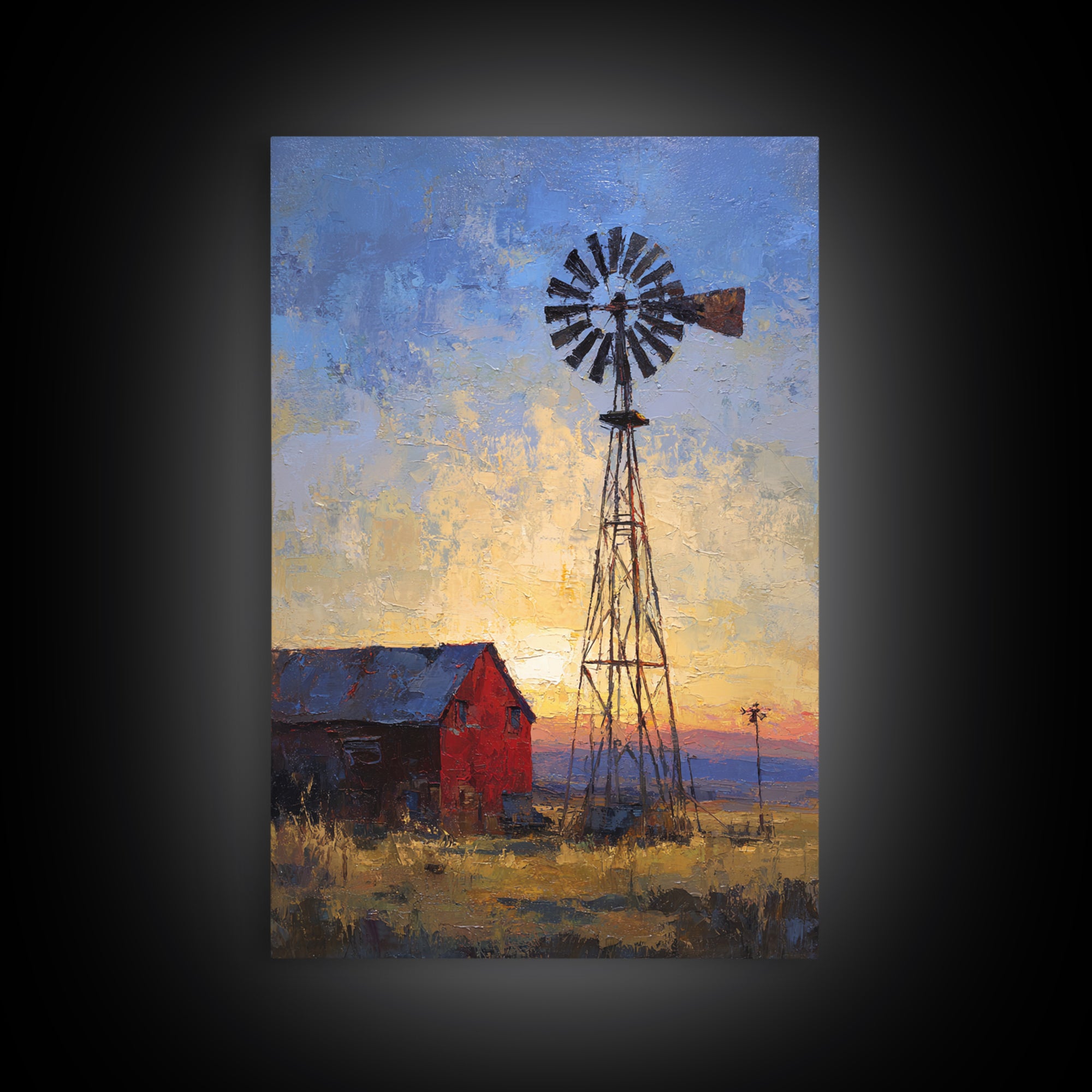 Windmill Silhouette at Sunset Framed Canvas Print, Farmhouse Art, Printable Art, Farmhouse Decor, Harvest, Landscape Painting, FAR-2x3-97