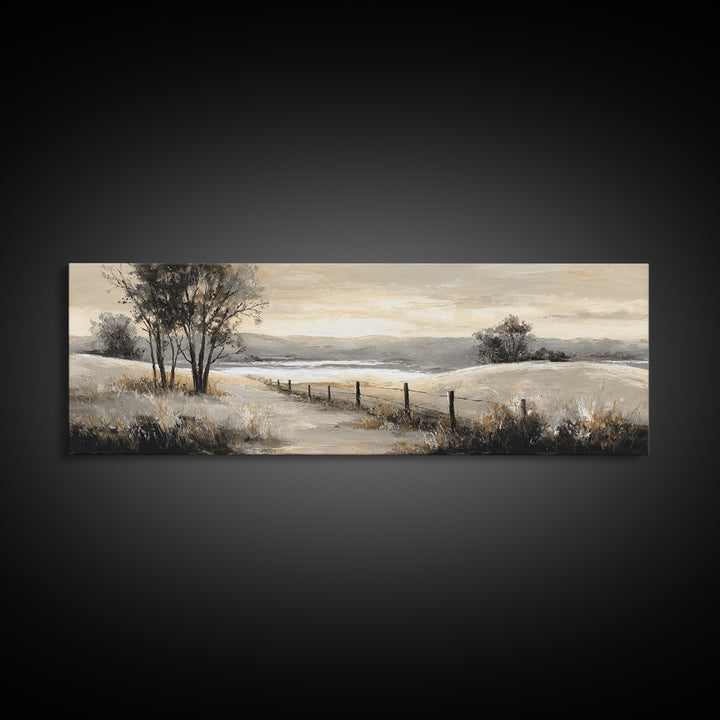 Rustic Barn in Golden Field Light Framed Canvas Print, Farmhouse Art, Oil Painting, Farmhouse Decor, Fine Art, Harvest, FAR-3x1-18