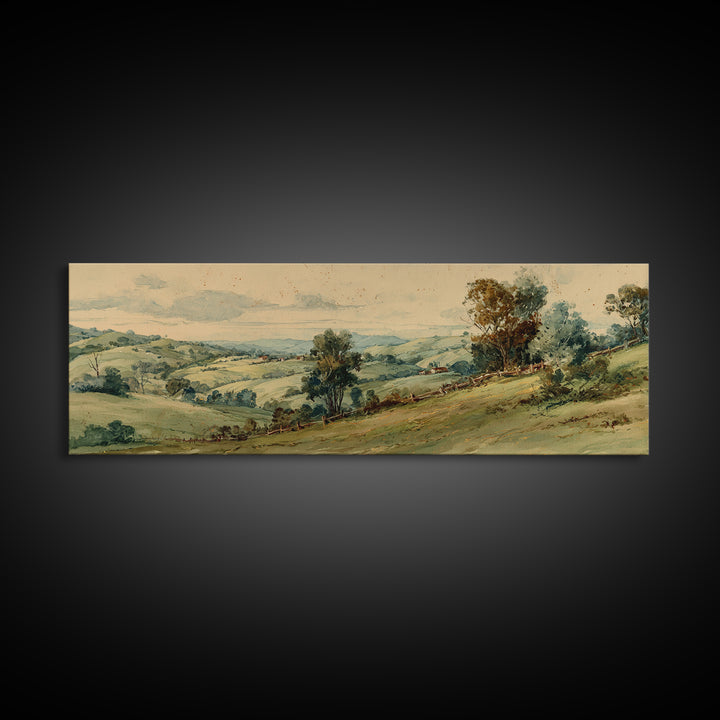 Country Landscape with Fence and Rolling Hills Canvas Print, Farmhouse Art, Farmhouse Wall Decor, Farmhouse Decor, Harvest, FAR-3x1-6