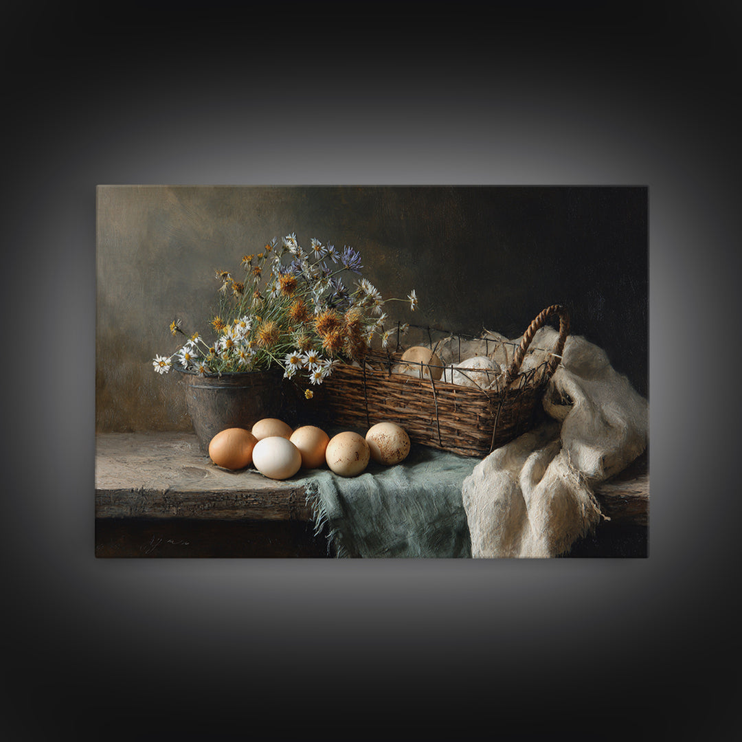Fresh Eggs in a Wire Basket Framed Canvas Print, Farmhouse Art, Printable Art, Farmhouse Decor, Harvest, Landscape Painting, FAR-3x2-10