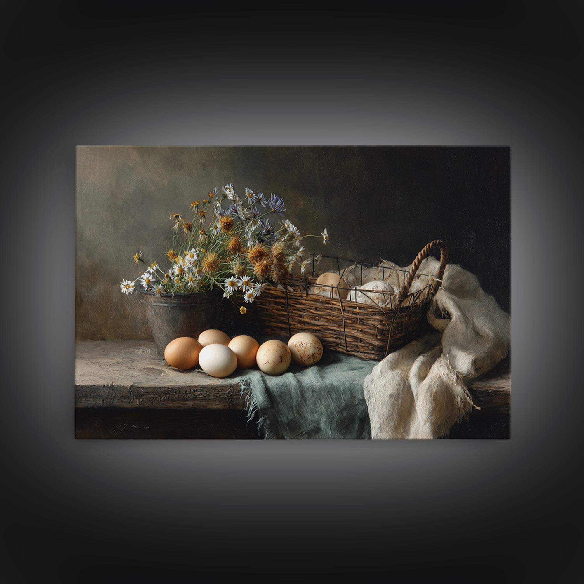 Fresh Eggs in a Wire Basket Framed Canvas Print, Farmhouse Art, Printable Art, Farmhouse Decor, Harvest, Landscape Painting, FAR-3x2-10