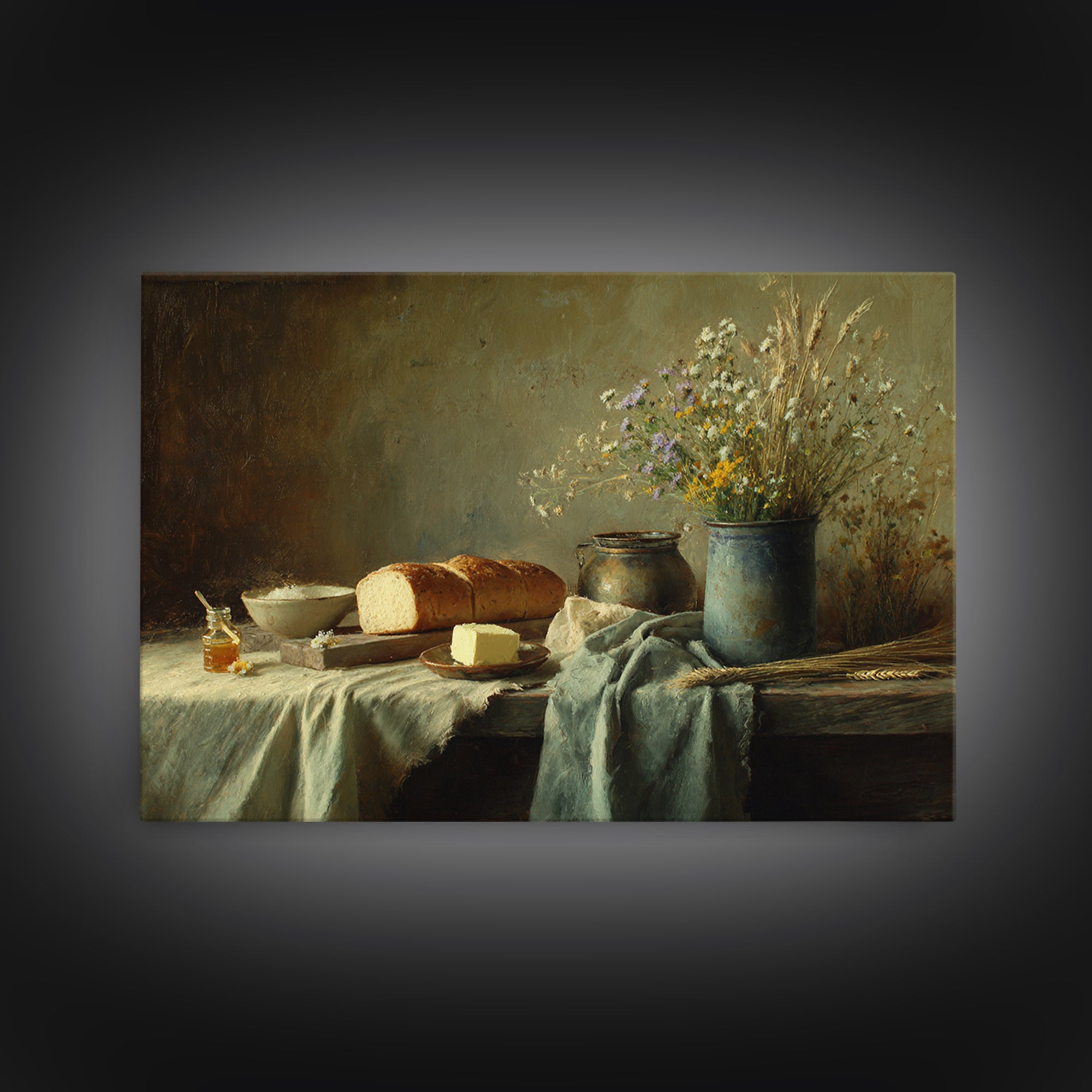 Fresh Bread Honey and Butter Still Life Framed Canvas Print, Farmhouse Art, Fine Art Print, Farmhouse Decor, Oil Painting, FAR-3x2-100