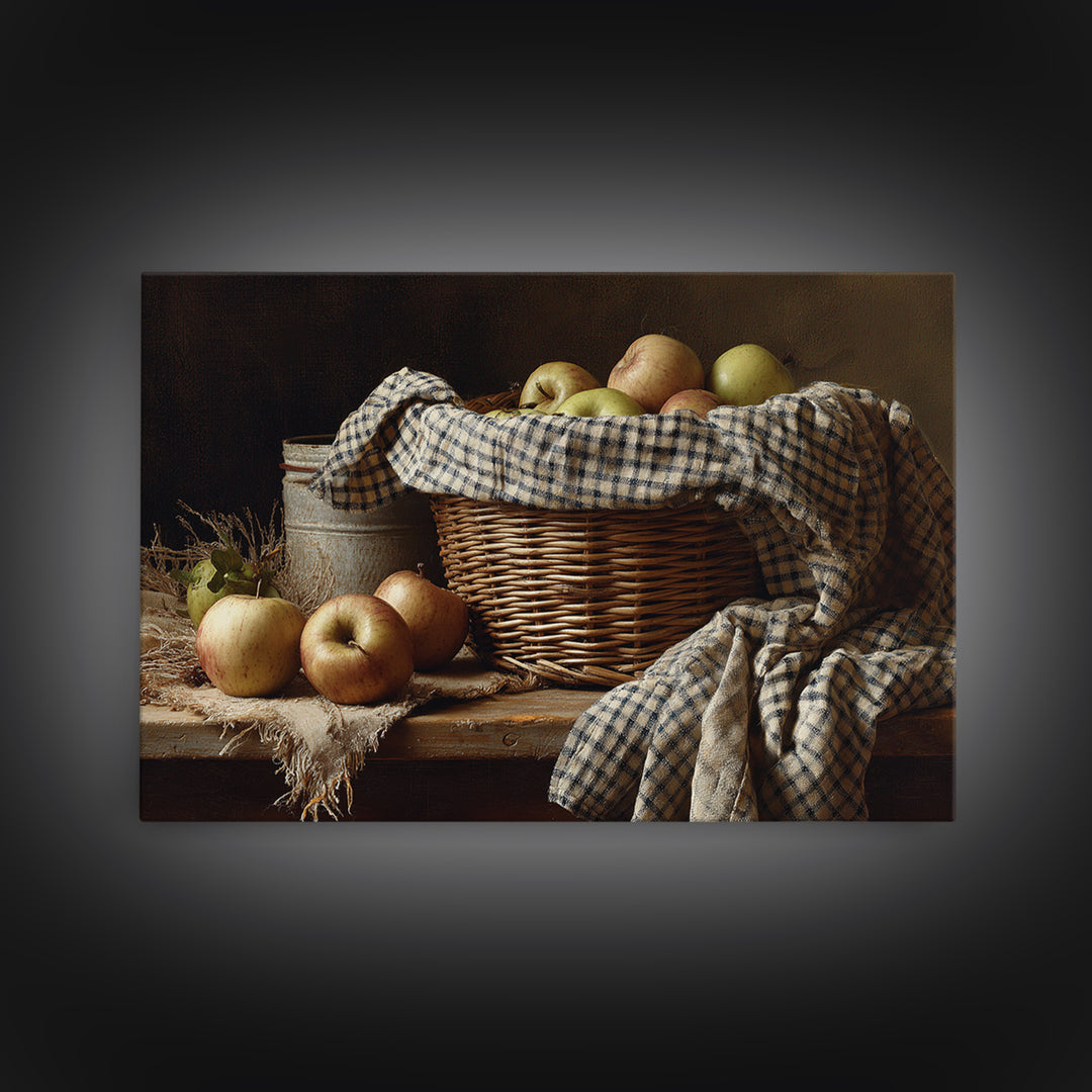 Apple Basket with Gingham Cloth Framed Canvas Print, Farmhouse Art, Oil Painting, Farmhouse Decor, Fine Art, Harvest, FAR-3x2-15