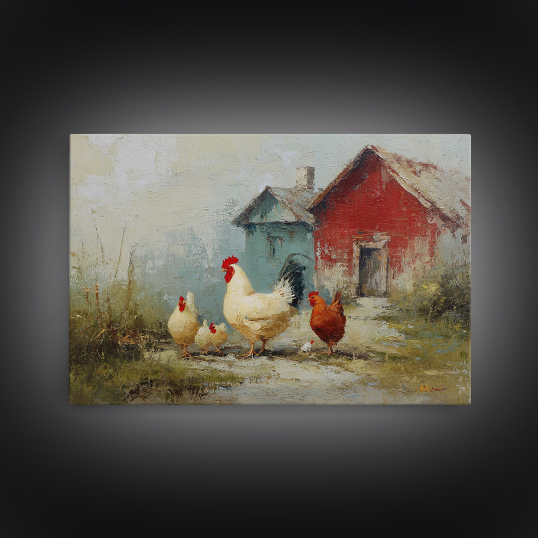 Chicken Family in a Garden Patch Framed Canvas Print, Farmhouse Art, Floral Wall Art, Farmhouse Decor, Fine Art, Harvest, FAR-3x2-19