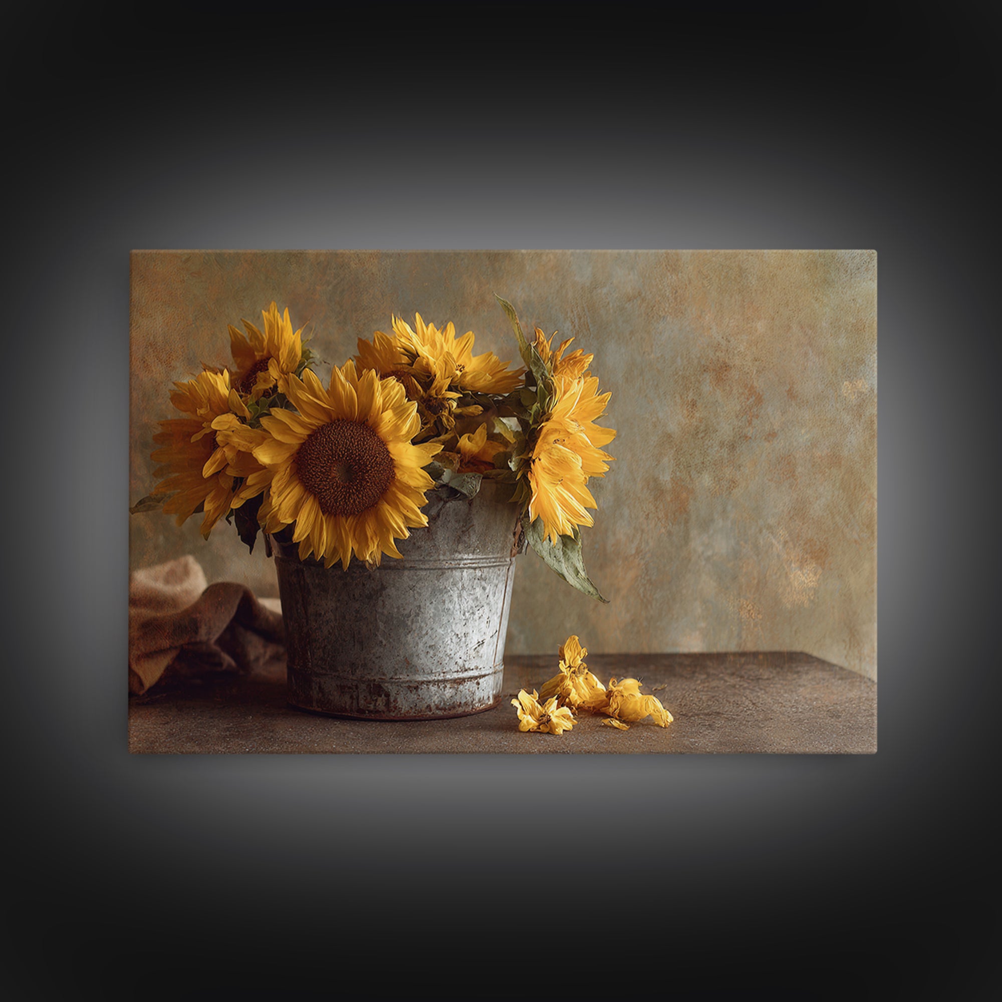 Sunflowers in a Galvanized Metal Bucket Framed Canvas Print, Farmhouse Art, Landscape Painting, Farmhouse Decor, Harvest, FAR-3x2-31
