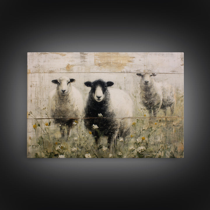 Black and White Sheep Framed Canvas Print, Farmhouse Art, Sage Green Wall Art, Farmhouse Decor, Harvest, Gallery Decor, FAR-3x2-36