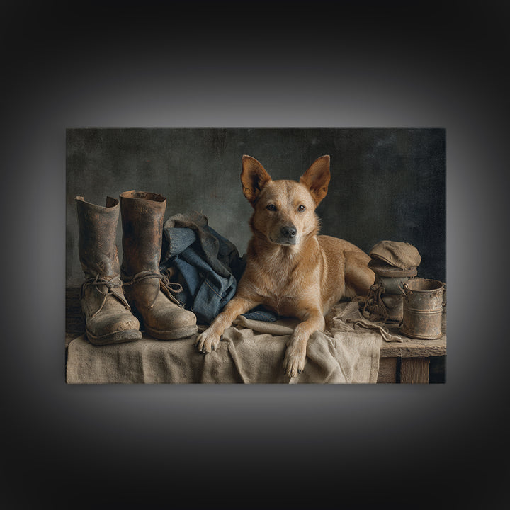 Farm Dog Lying Beside Weathered Boots Canvas Print, Farmhouse Art, Farmhouse Wall Decor, Farmhouse Decor, Oil Painting, Harvest, FAR-3x2-37