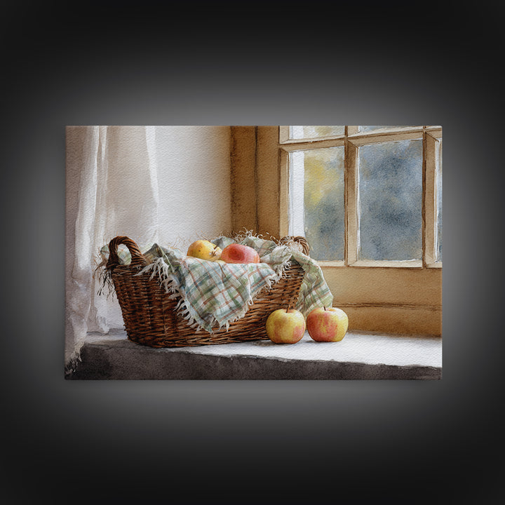 Apple Basket with Gingham Cloth Framed Canvas Print, Farmhouse Art, Neutral Decor, Farmhouse Decor, Fine Art, Harvest, FAR-3x2-39