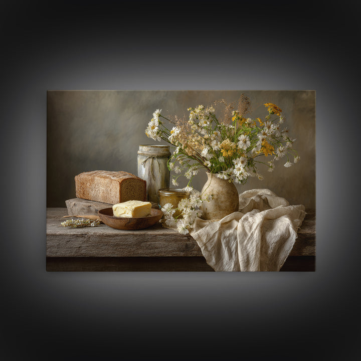 Fresh Bread Honey and Butter Still Life Canvas Print, Farmhouse Art, Digital Prints, Farmhouse Decor, Oil Painting, Harvest, FAR-3x2-4