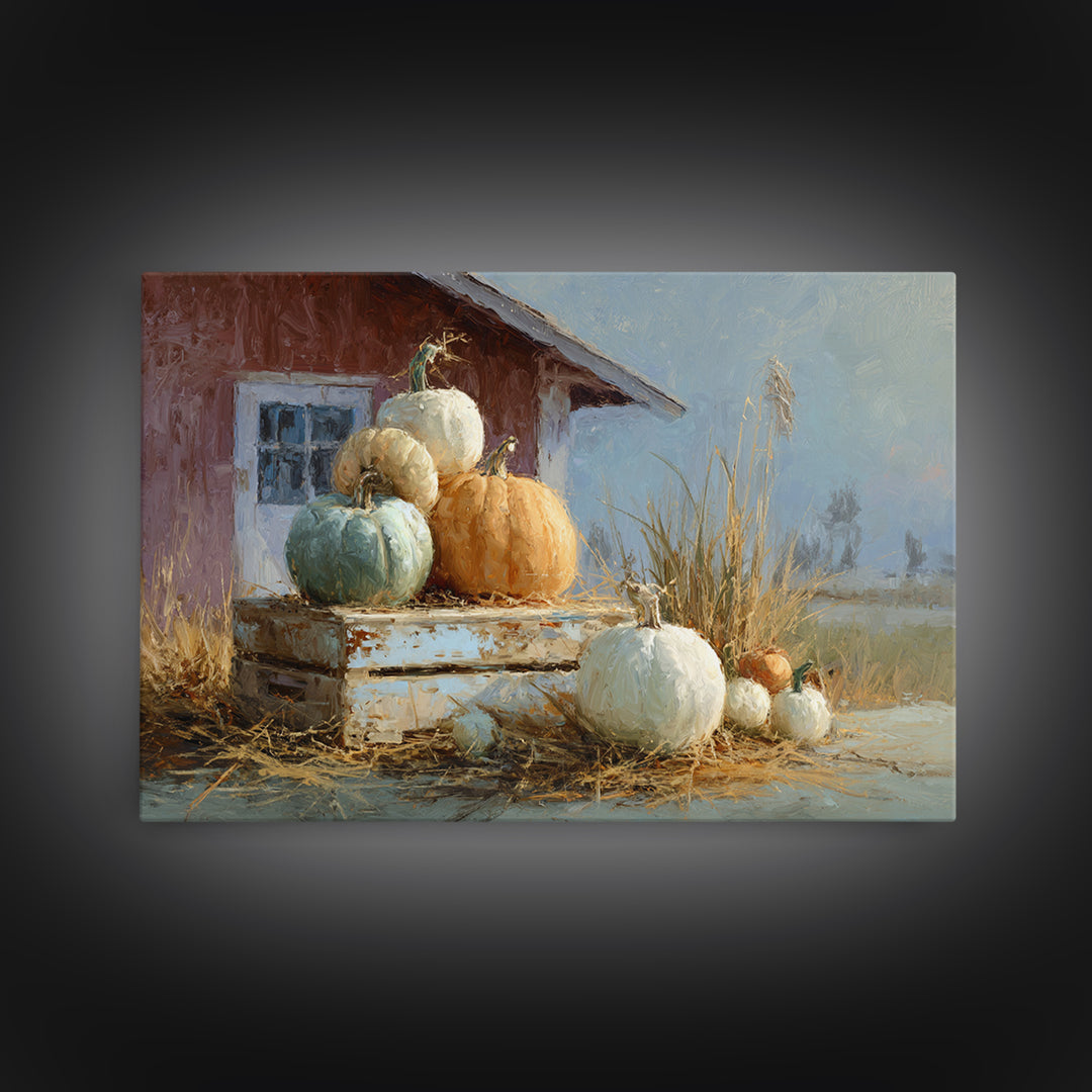 Pumpkins Stacked on a Wooden Crate Framed Canvas Print, Farmhouse Art, Botanical Prints, Farmhouse Decor, Watercolor Art, FAR-3x2-41