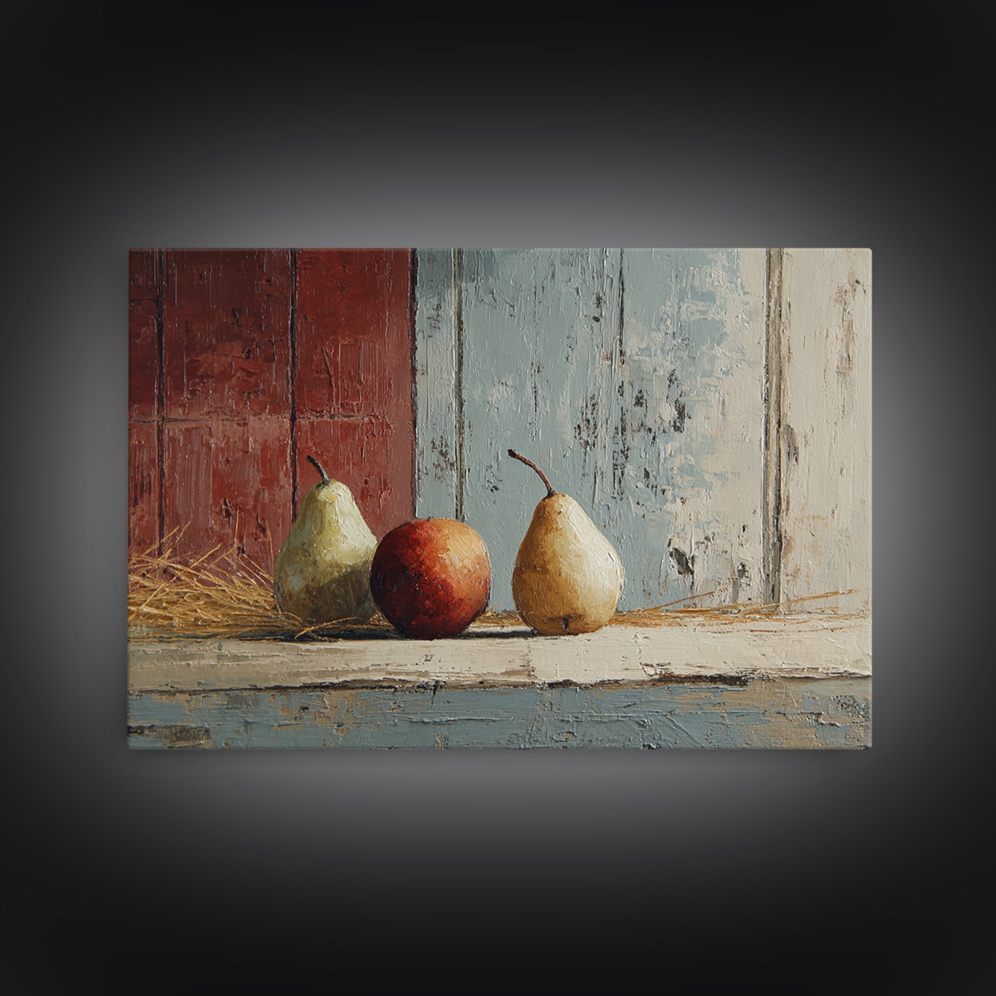 Rustic Pear Still Life on Plank Wood Framed Canvas Print, Farmhouse Art, Room Decor, Farmhouse Decor, Oil Painting, Harvest, FAR-3x2-47