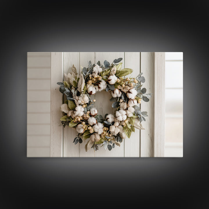 Farmhouse Wreath of Cotton Stems and Eucalyptus Canvas Print, Farmhouse Art, Farmhouse Wall Decor, Farmhouse Decor, Harvest, FAR-3x2-48