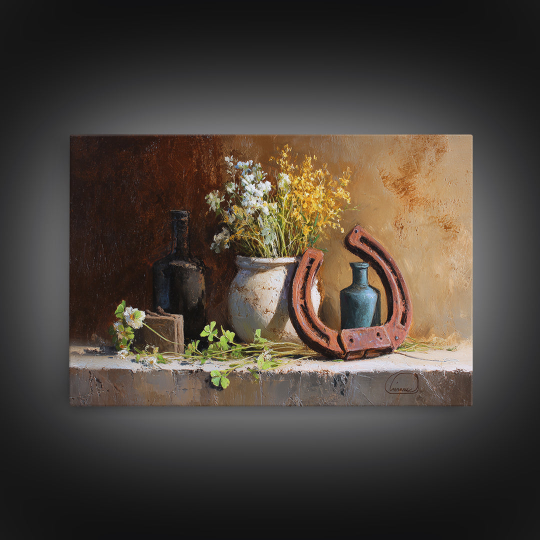 Weathered Horseshoe and Wildflowers Canvas Print, Farmhouse Art, Landscape Painting, Farmhouse Decor, Oil Painting, Harvest, FAR-3x2-49