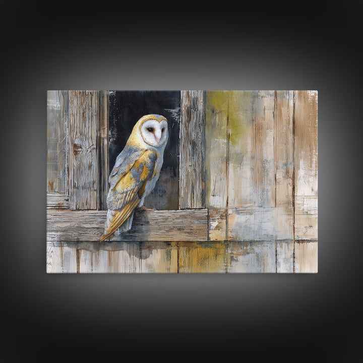 Barn Owl Perched on Aged Wood Canvas Print, Farmhouse Art, Farmhouse Wall Art, Farmhouse Decor, Fine Art, Harvest, Luxury Decor, FAR-3x2-51