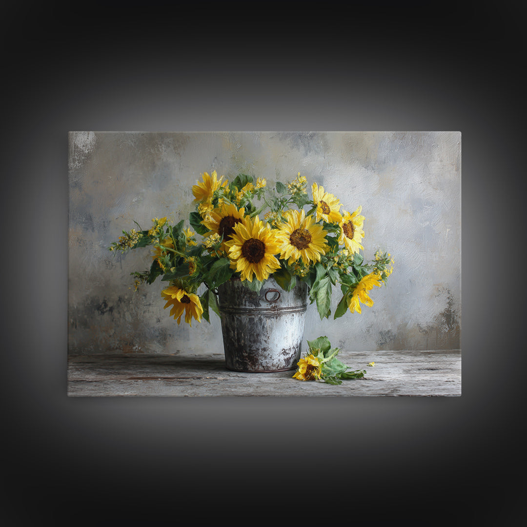 Sunflowers in a Galvanized Metal Bucket Framed Canvas Print, Farmhouse Art, Art, Farmhouse Decor, Watercolor Art, Harvest, FAR-3x2-55