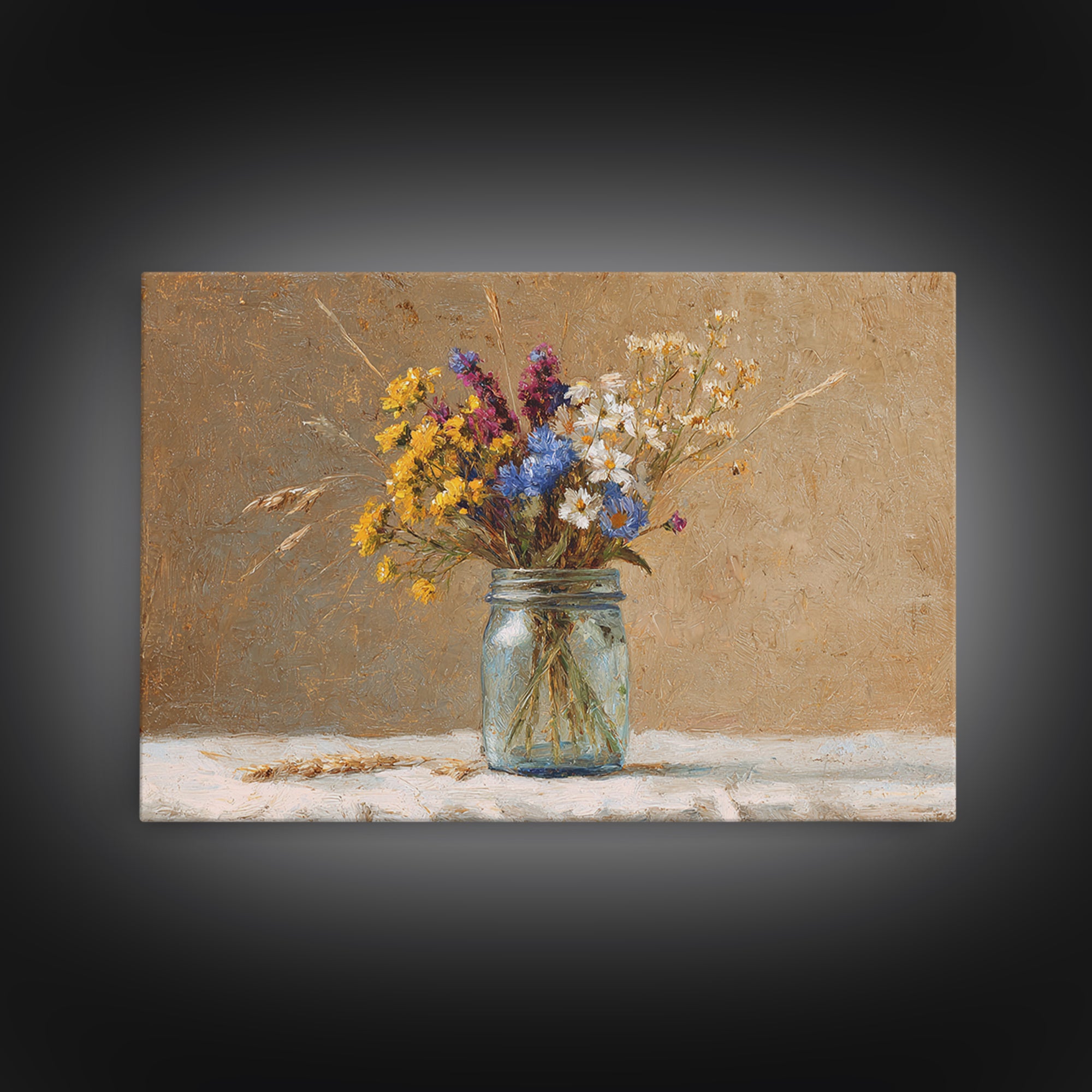 Wildflowers in a Mason Jar on Linen Framed Canvas Print, Farmhouse Art, Art Print, Farmhouse Decor, Fine Art, Harvest, FAR-3x2-59