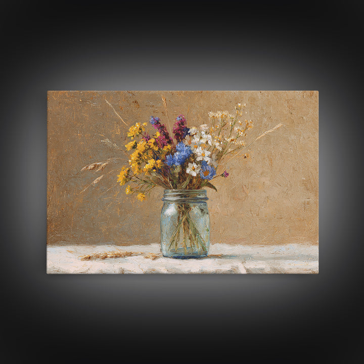 Wildflowers in a Mason Jar on Linen Framed Canvas Print, Farmhouse Art, Art Print, Farmhouse Decor, Fine Art, Harvest, FAR-3x2-59
