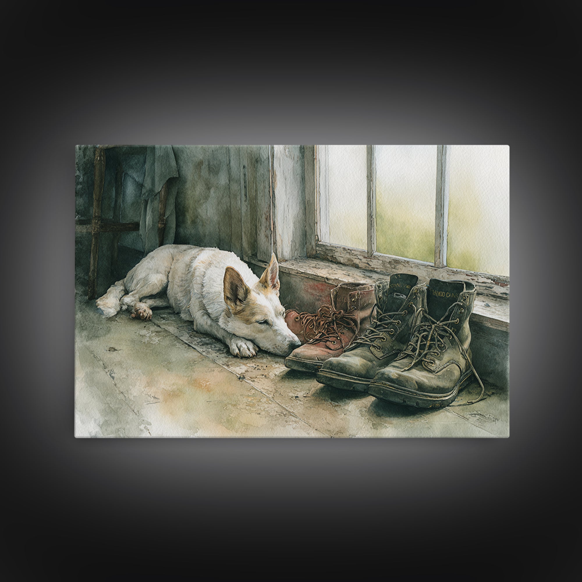 Farm Dog Lying Beside Weathered Boots Canvas Print, Farmhouse Art, Farmhouse Wall Decor, Farmhouse Decor, Oil Painting, Harvest, FAR-3x2-61