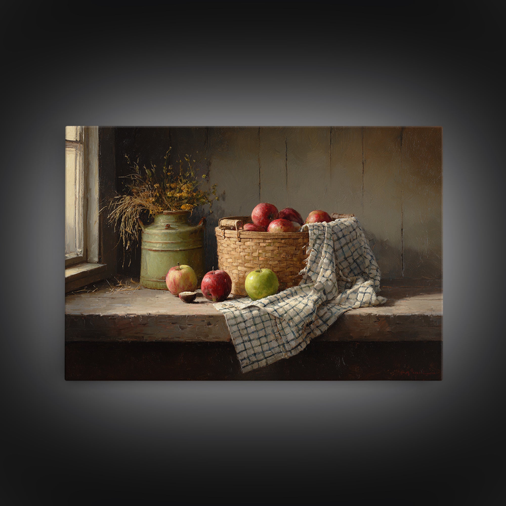 Apple Basket with Gingham Cloth Framed Canvas Print, Farmhouse Art, Digital Print, Farmhouse Decor, Fine Art, Harvest, FAR-3x2-63