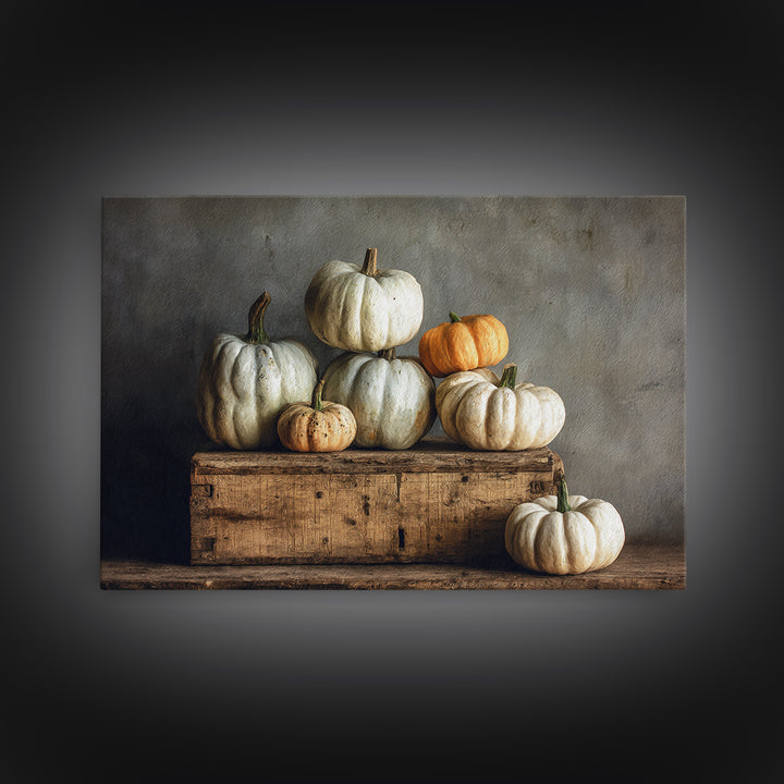 Pumpkins Stacked on a Wooden Crate Framed Canvas Print, Farmhouse Art, Botanical Prints, Farmhouse Decor, Watercolor Art, FAR-3x2-65