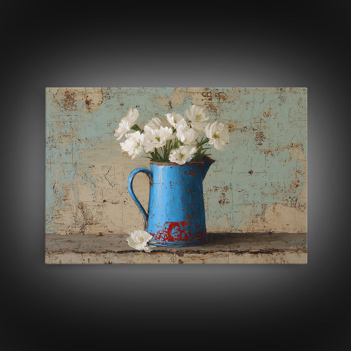 Blue Enamel Pitcher Canvas Print, Farmhouse Art, Neutral Decor, Farmhouse Decor, Oil Painting, Harvest, Wall Art, Home Decor, FAR-3x2-68
