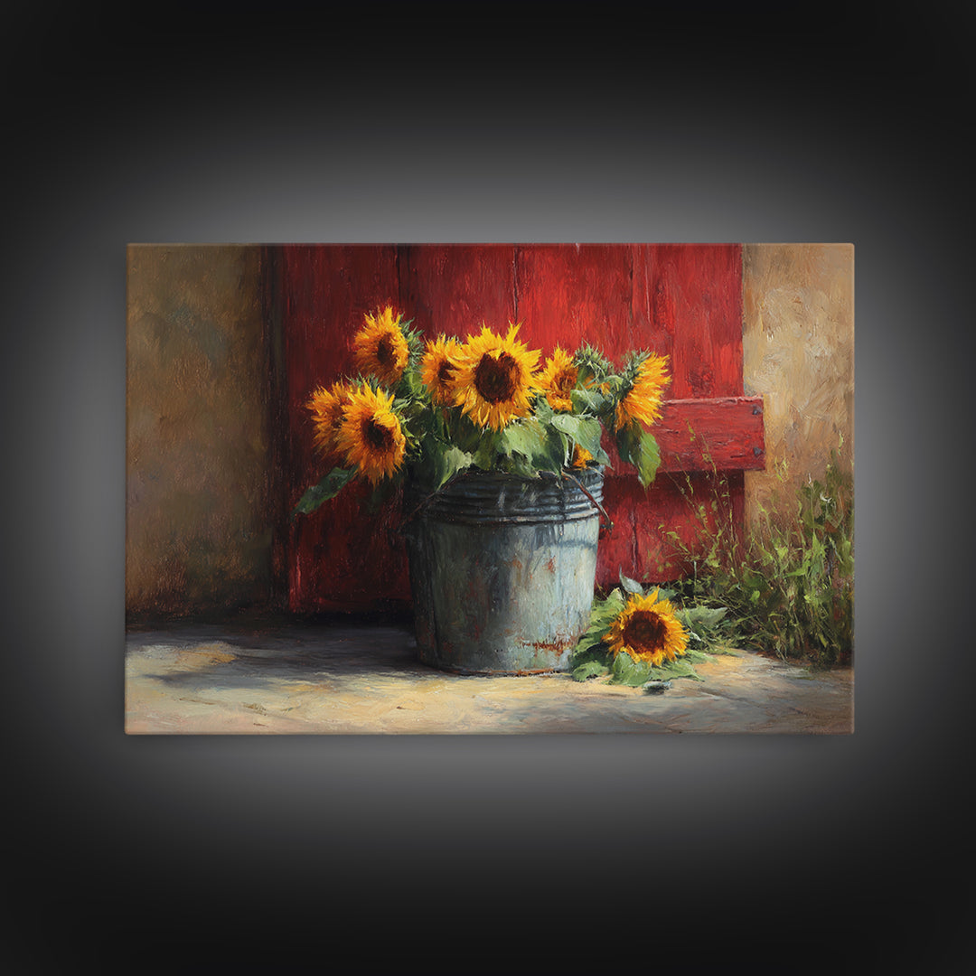 Sunflowers in a Galvanized Metal Bucket Framed Canvas Print, Farmhouse Art, Home Decor, Farmhouse Decor, Fine Art, Harvest, FAR-3x2-7