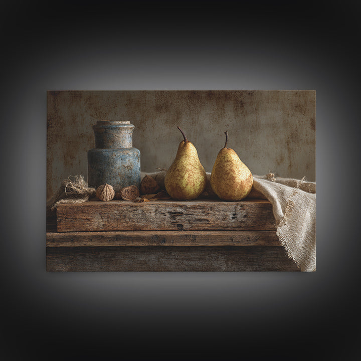 Rustic Pear Still Life on Plank Wood Framed Canvas Print, Farmhouse Art, Sage Green Wall Art, Farmhouse Decor, Watercolor Art, FAR-3x2-71