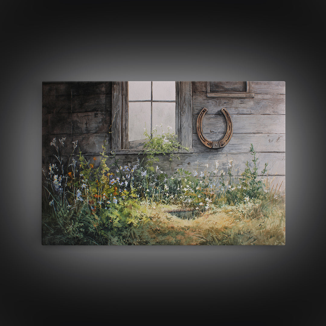 Weathered Horseshoe and Wildflowers Canvas Print, Farmhouse Art, Landscape Painting, Farmhouse Decor, Oil Painting, Harvest, FAR-3x2-73