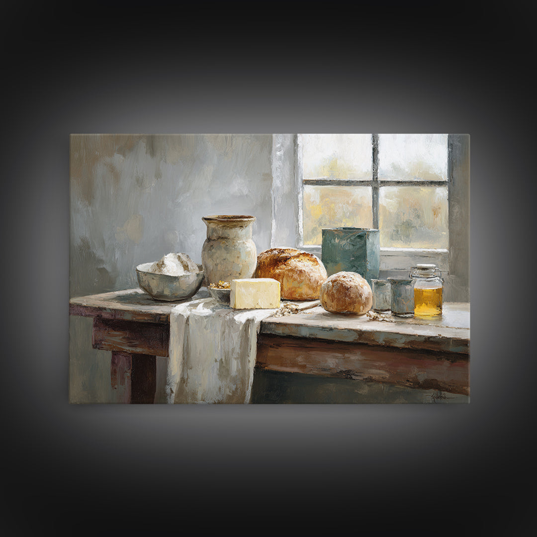 Fresh Bread Honey and Butter Still Life Canvas Print, Farmhouse Art, Landscape Art, Farmhouse Decor, Watercolor Art, Harvest, FAR-3x2-76