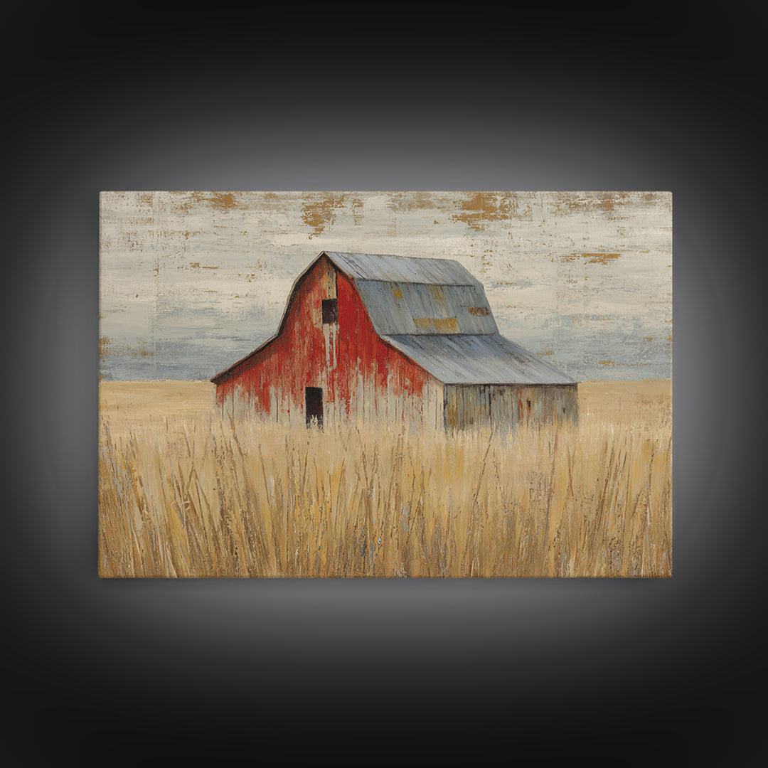 Rustic Barn in Golden Field Light Framed Canvas Print, Farmhouse Art, Botanical Prints, Farmhouse Decor, Fine Art, Harvest, FAR-3x2-78
