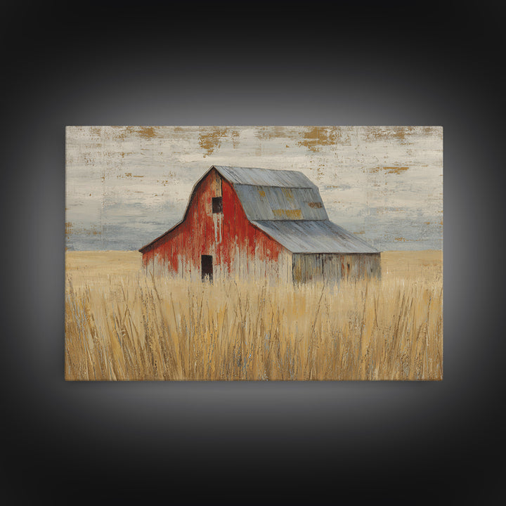 Rustic Barn in Golden Field Light Framed Canvas Print, Farmhouse Art, Botanical Prints, Farmhouse Decor, Fine Art, Harvest, FAR-3x2-78
