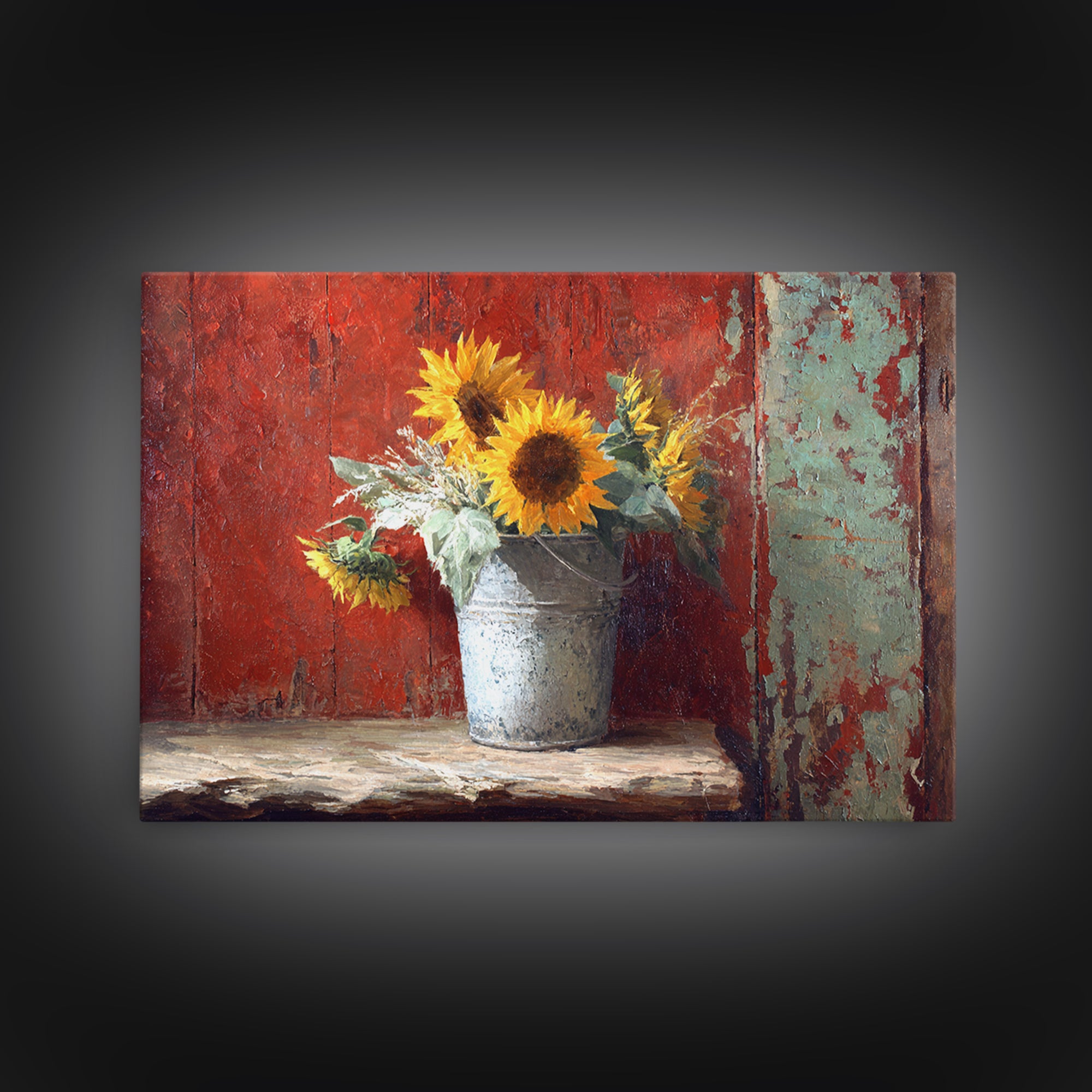 Sunflowers in a Galvanized Metal Bucket Framed Canvas Print, Farmhouse Art, Gallery Wall, Farmhouse Decor, Watercolor Art, FAR-3x2-79