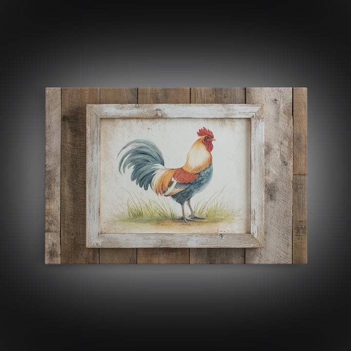 Rooster Painted in Cheerful Folk Colors Framed Canvas Print, Farmhouse Art, Printable Art, Farmhouse Decor, Oil Painting, FAR-3x2-8