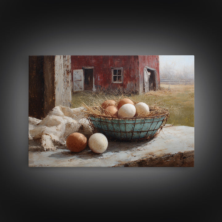 Fresh Eggs in a Wire Basket Framed Canvas Print, Farmhouse Art, Floral Wall Art, Farmhouse Decor, Oil Painting, Harvest, FAR-3x2-82