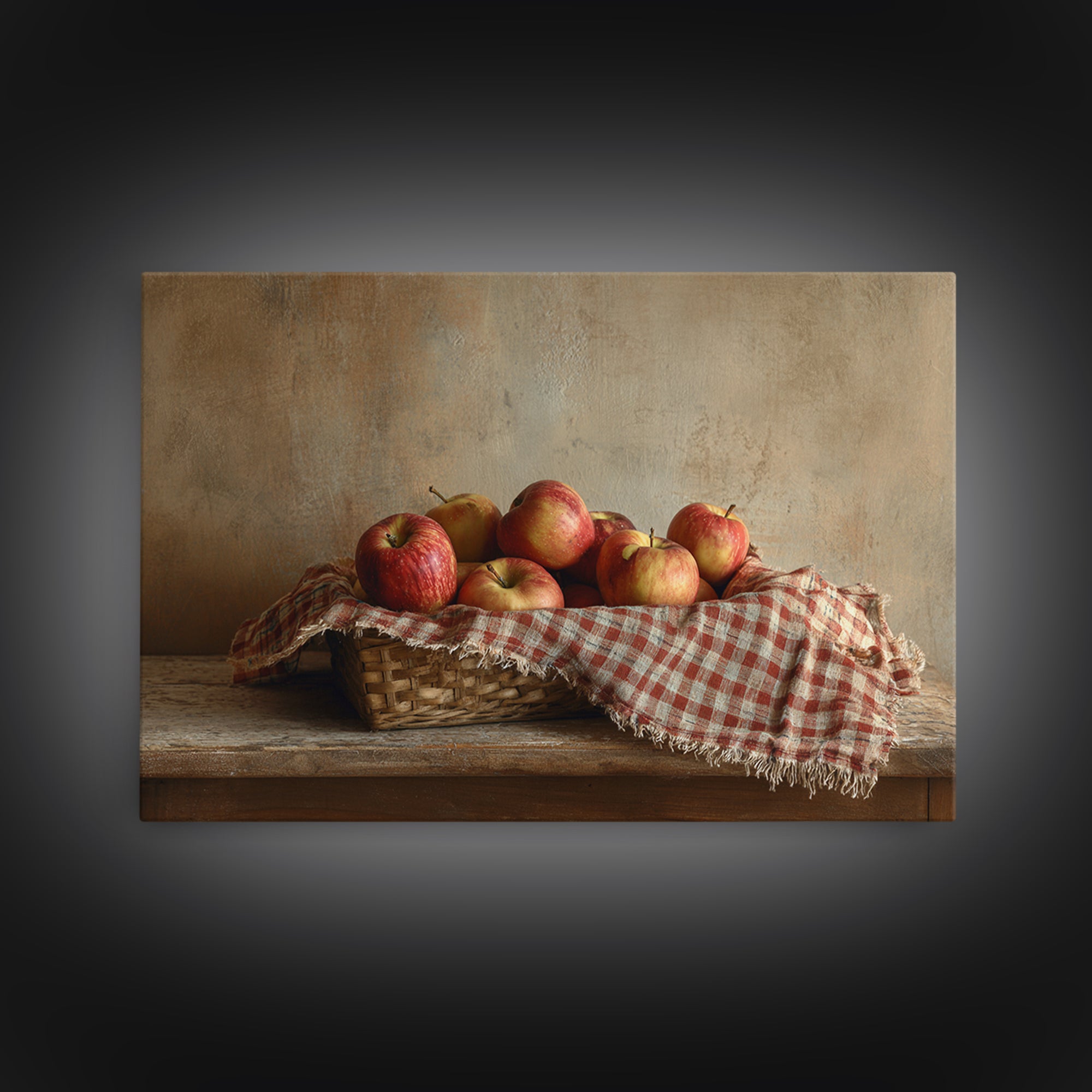 Apple Basket with Gingham Cloth Framed Canvas Print, Farmhouse Art, Fine Art Print, Farmhouse Decor, Fine Art, Harvest, FAR-3x2-87