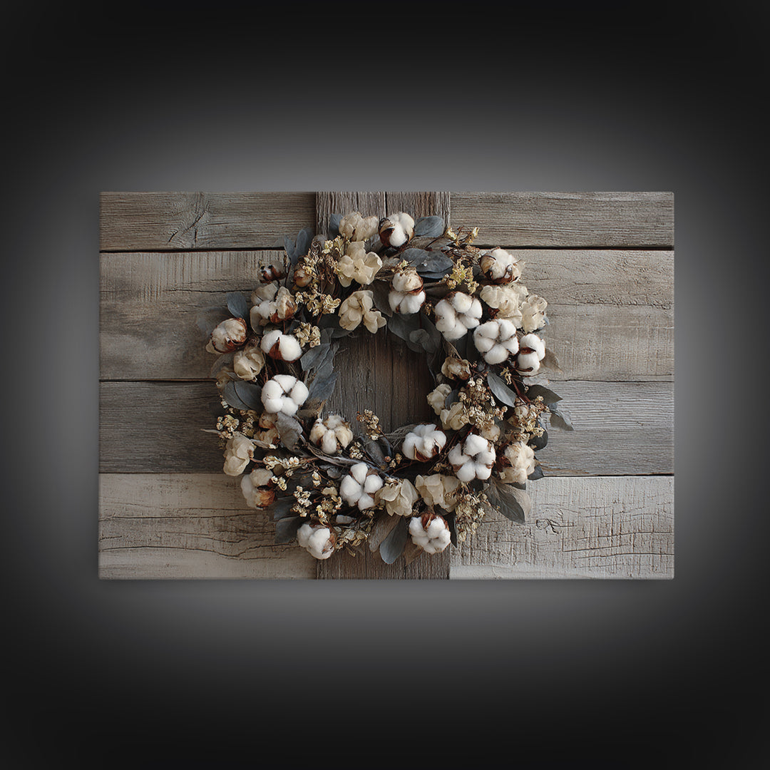 Farmhouse Wreath of Cotton Stems and Eucalyptus Framed Canvas Print, Farmhouse Art, Art Print, Farmhouse Decor, Harvest, FAR-3x2-96