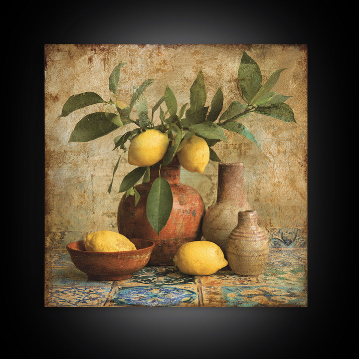 Aged Botanical Plate of Lemons and Leaves Framed Canvas Print, French Country Art, Digital Art, Farmhouse Decor, Oil Painting, FCA-1x1-12