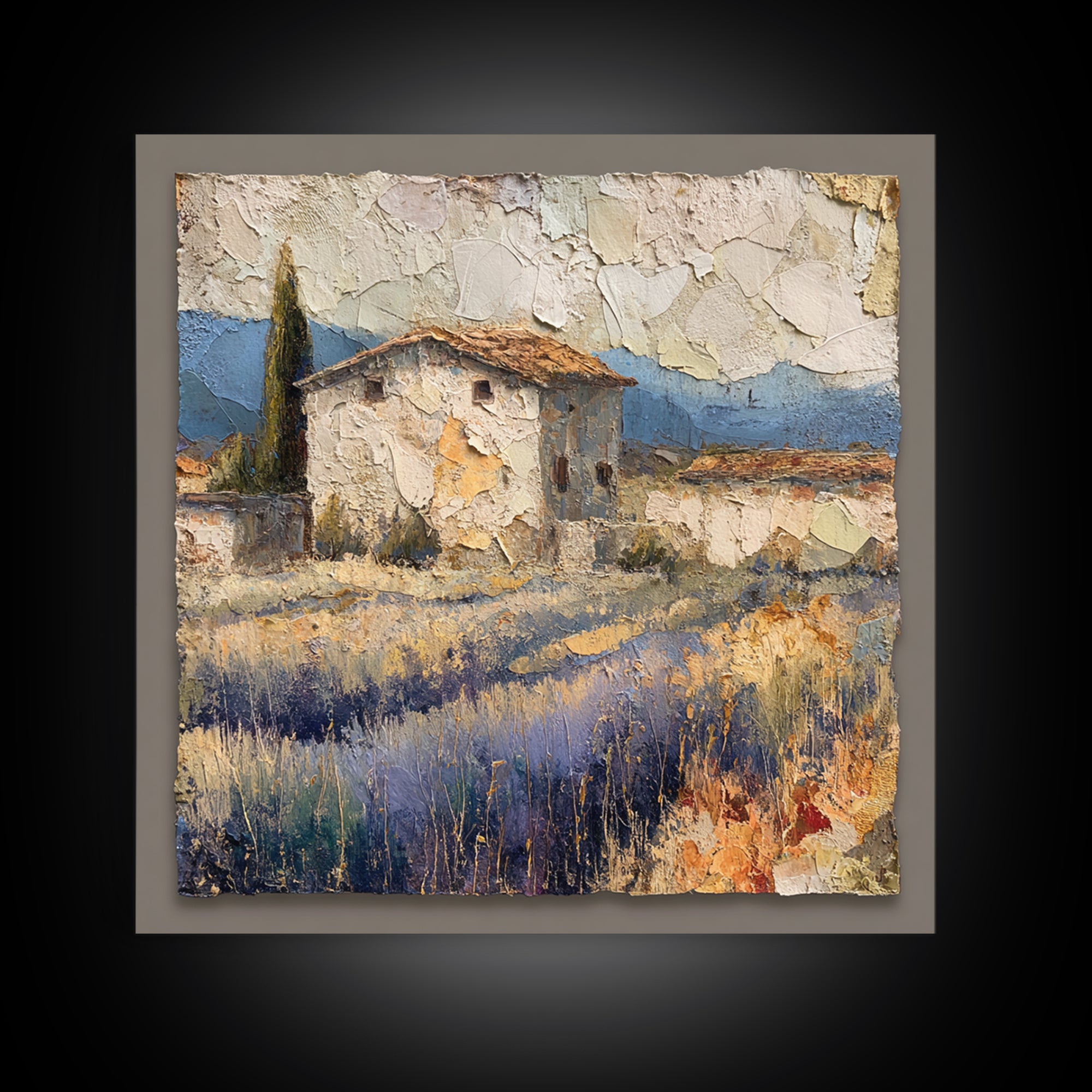 Lavender Field with Distant Stone Farmhouse Canvas Print, French Country Art, Landscape Painting, Farmhouse Decor, Country, FCA-1x1-25