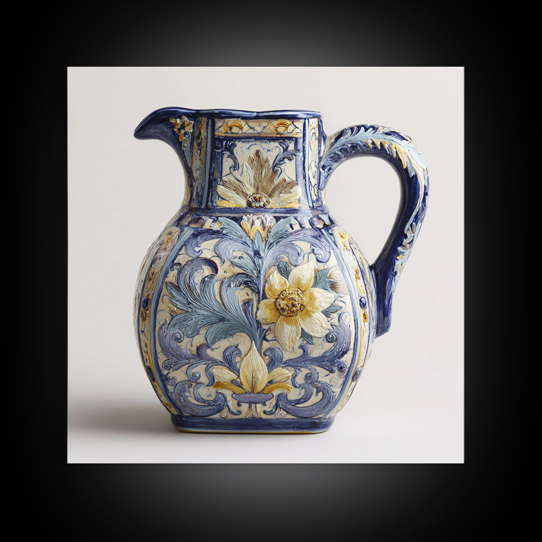 Blue and White Ceramic Pitcher Framed Canvas Print, French Country Art, Farmhouse Decor, Oil Painting, Country, FCA-1x1-27