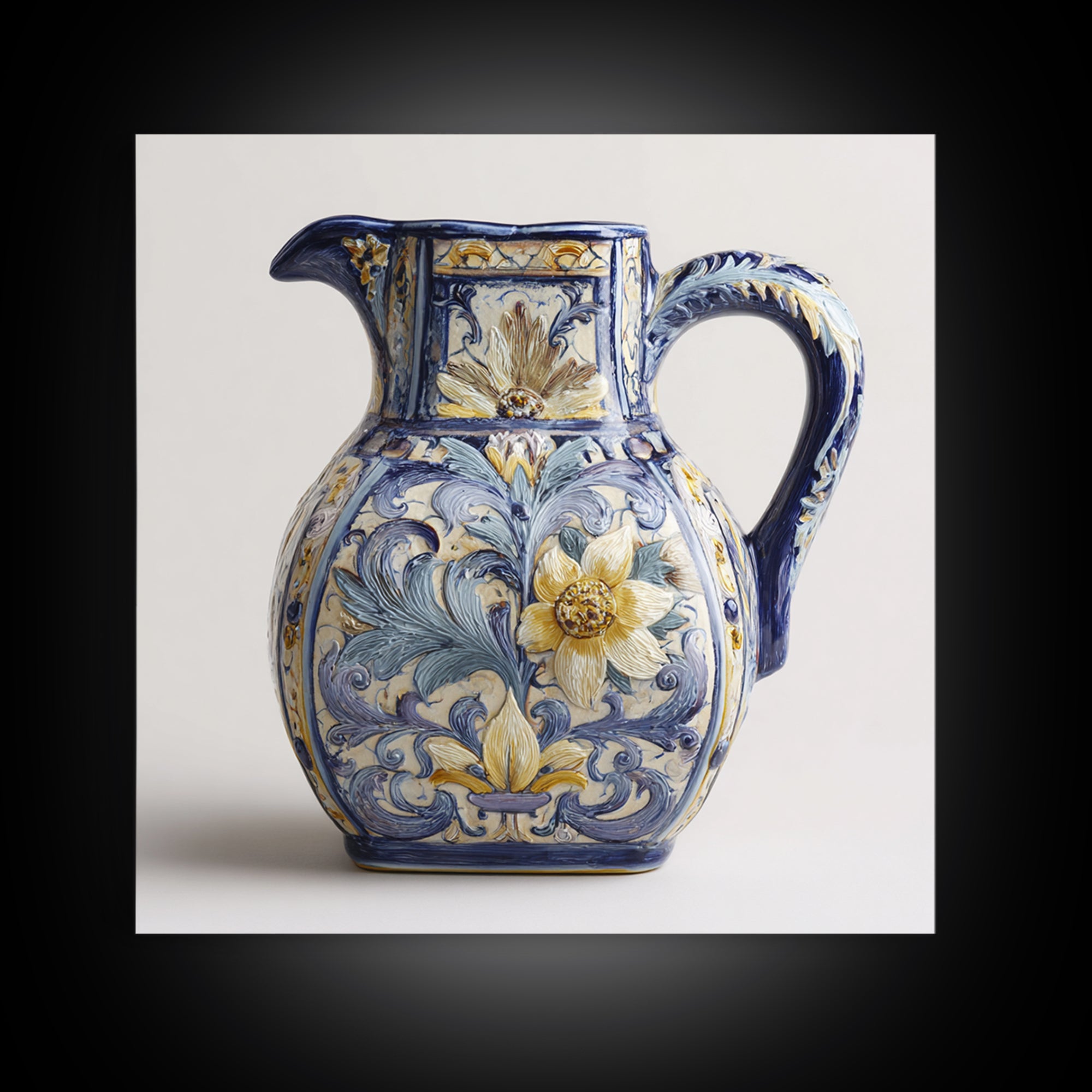 Blue and White Ceramic Pitcher Framed Canvas Print, French Country Art, Farmhouse Decor, Oil Painting, Country, FCA-1x1-27