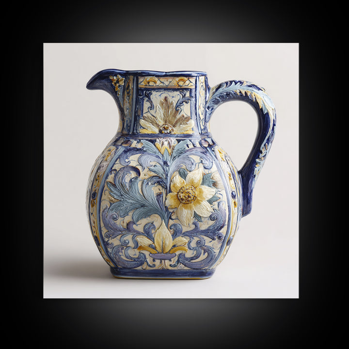 Blue and White Ceramic Pitcher Framed Canvas Print, French Country Art, Farmhouse Decor, Oil Painting, Country, FCA-1x1-27
