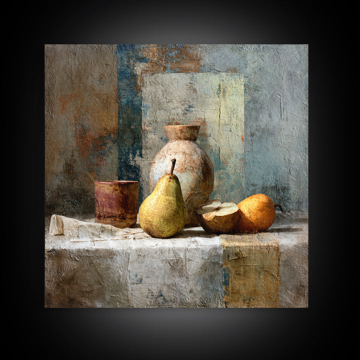 Pear Still Life on Linen Tablecloth Framed Canvas Print, French Country Art, Digital Wall Art, Farmhouse Decor, Country, FCA-1x1-28