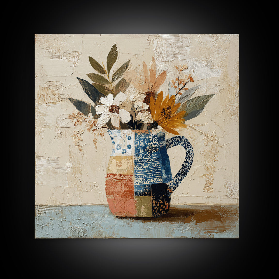 Blue and White Ceramic Pitcher Canvas Print, French Country Art, Oil Painting, Farmhouse Decor, Country, Digital Art Prints, FCA-1x1-3