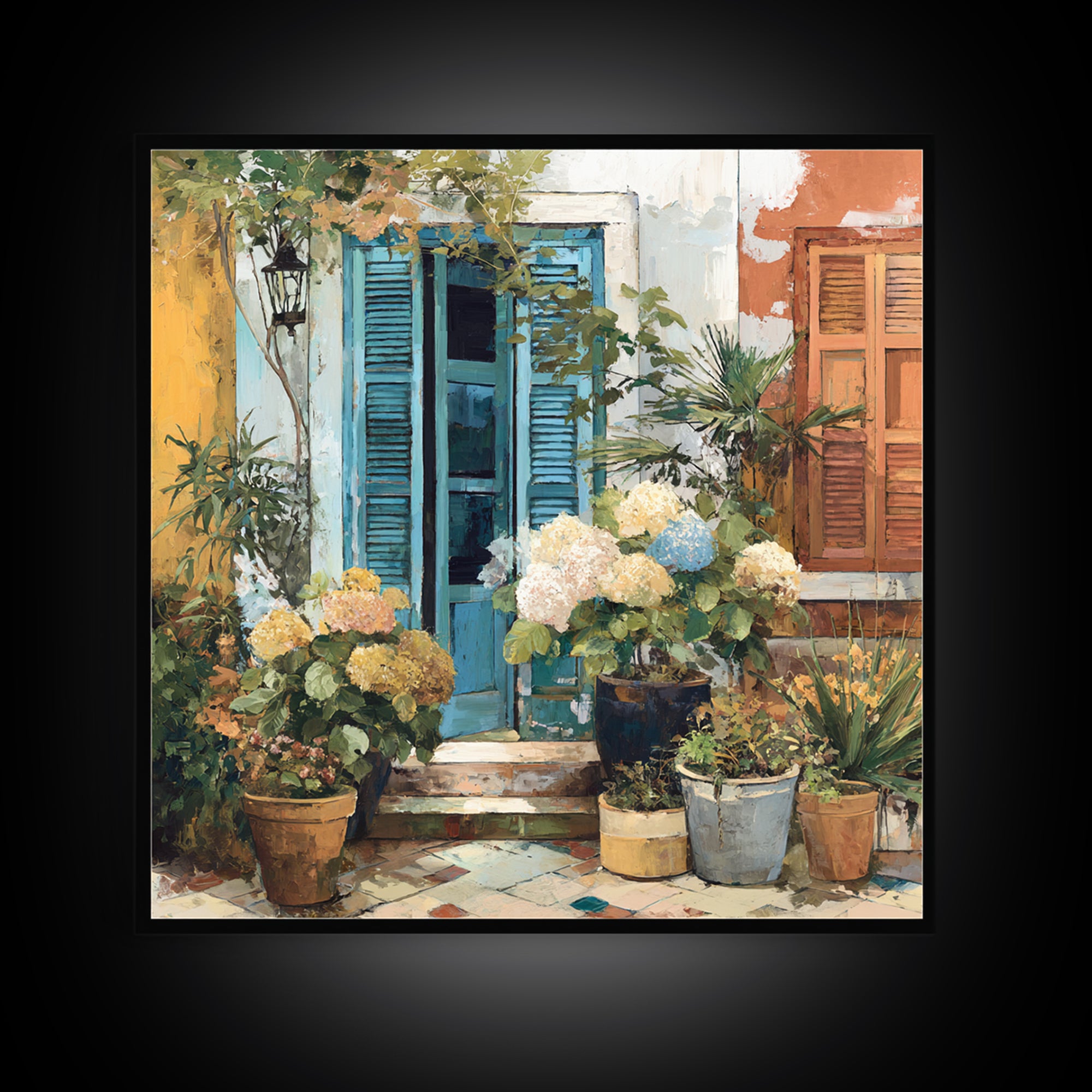 Soft Hydrangeas Beside Antique Shutters Framed Canvas Print, French Country Art, Home Decor, Farmhouse Decor, Fine Art, Country, FCA-1x1-32