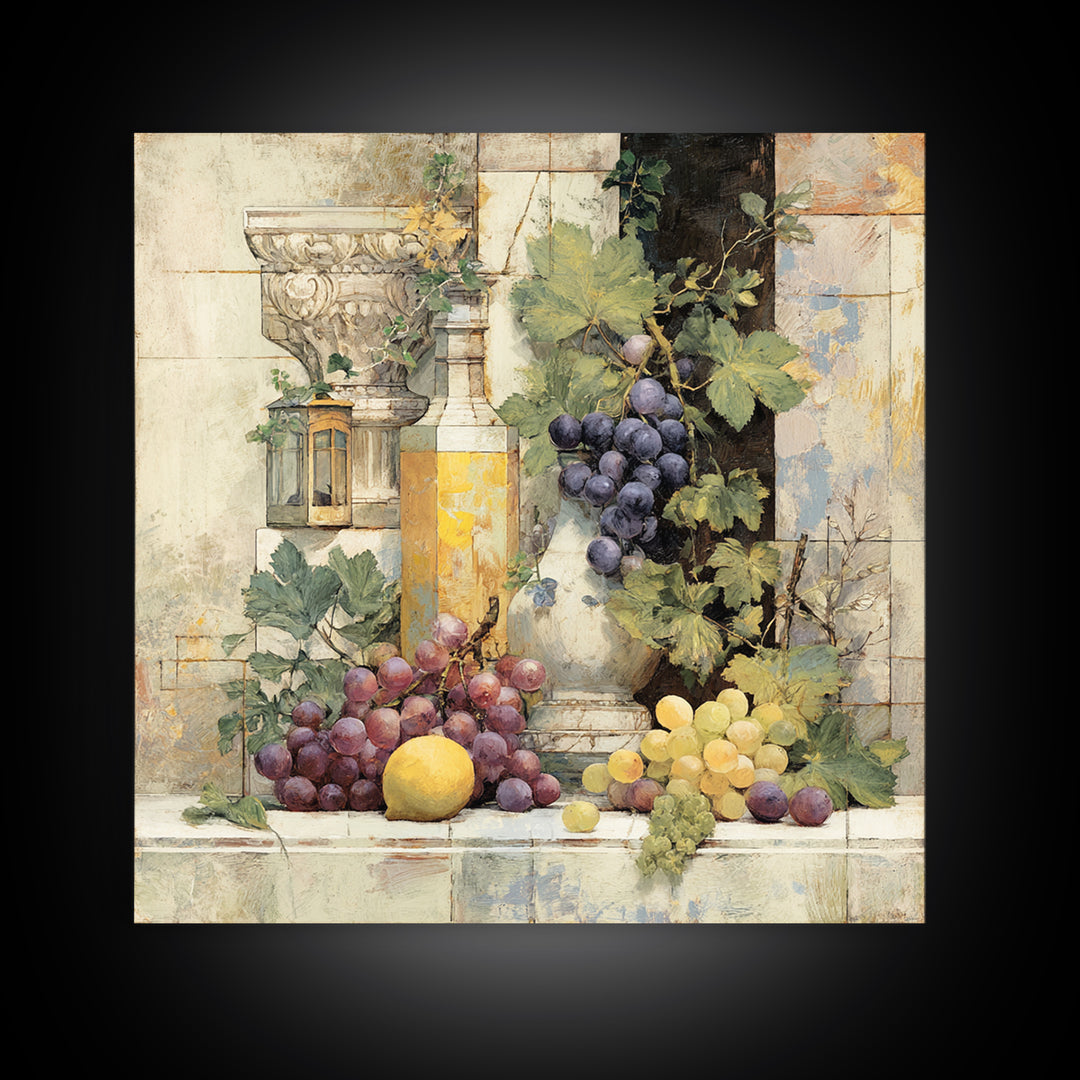 Grapes and Wine Still Life Framed Canvas Print, French Country Art, French Country Decor, Farmhouse Decor, Abstract Art, FCA-1x1-33
