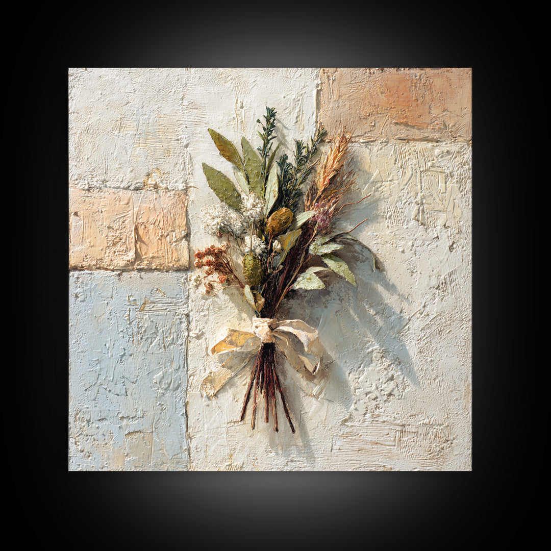 Farmhouse Kitchen Herbs Tied Framed Canvas Print, French Country Art, Digital Art Prints, Farmhouse Decor, Oil Painting, FCA-1x1-37