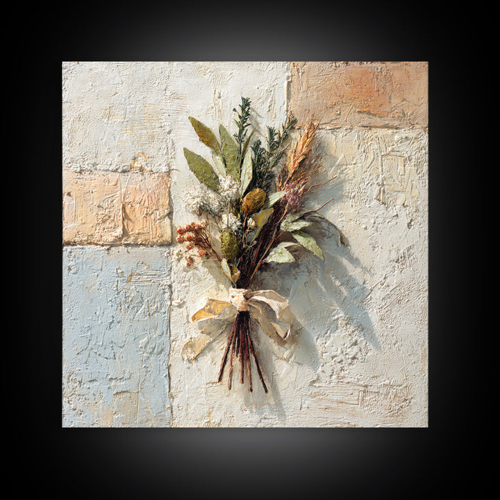 Farmhouse Kitchen Herbs Tied Framed Canvas Print, French Country Art, Digital Art Prints, Farmhouse Decor, Oil Painting, FCA-1x1-37