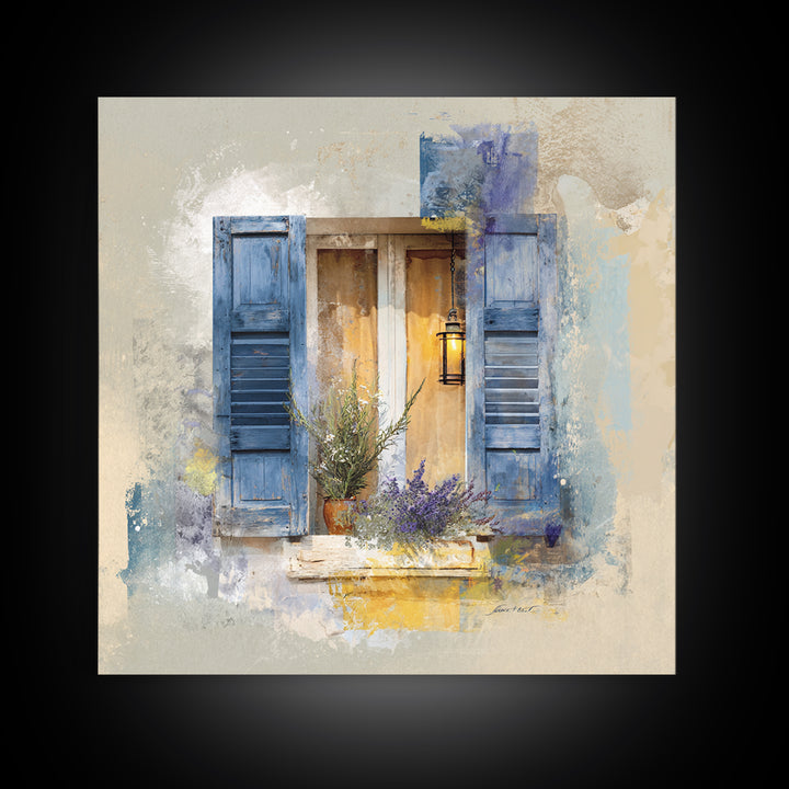 Weathered Window with Blue Shutters Canvas Print, French Country Art, Botanical Wall Art, Farmhouse Decor, Watercolor Art, FCA-1x1-45