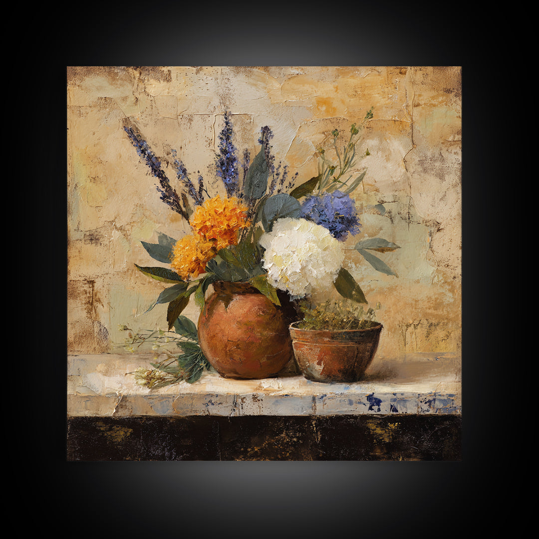 Antique Copper Pot and Flowers Still Life Framed Canvas Print, French Country Art, Wall Art, Farmhouse Decor, Oil Painting, FCA-1x1-48