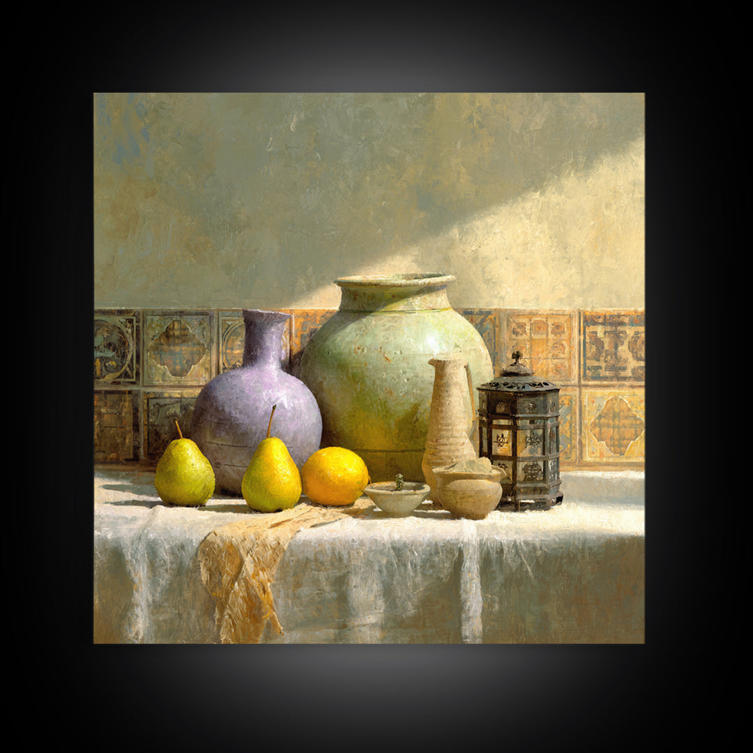 Pear Still Life on Linen Tablecloth Framed Canvas Print, French Country Art, Digital Art Prints, Farmhouse Decor, Abstract Art, FCA-1x1-52